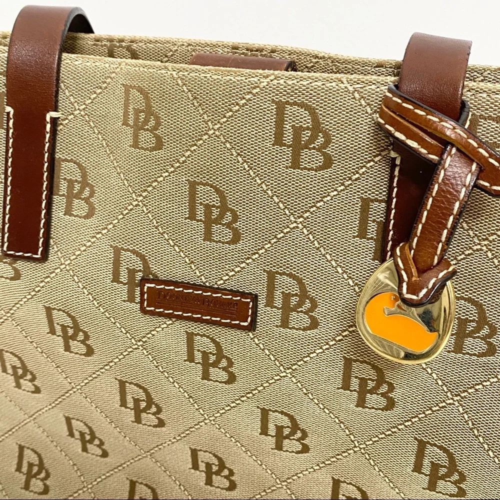 Dooney & Bourke Tan Logo Jacquard Tote with Brown Leather Trim